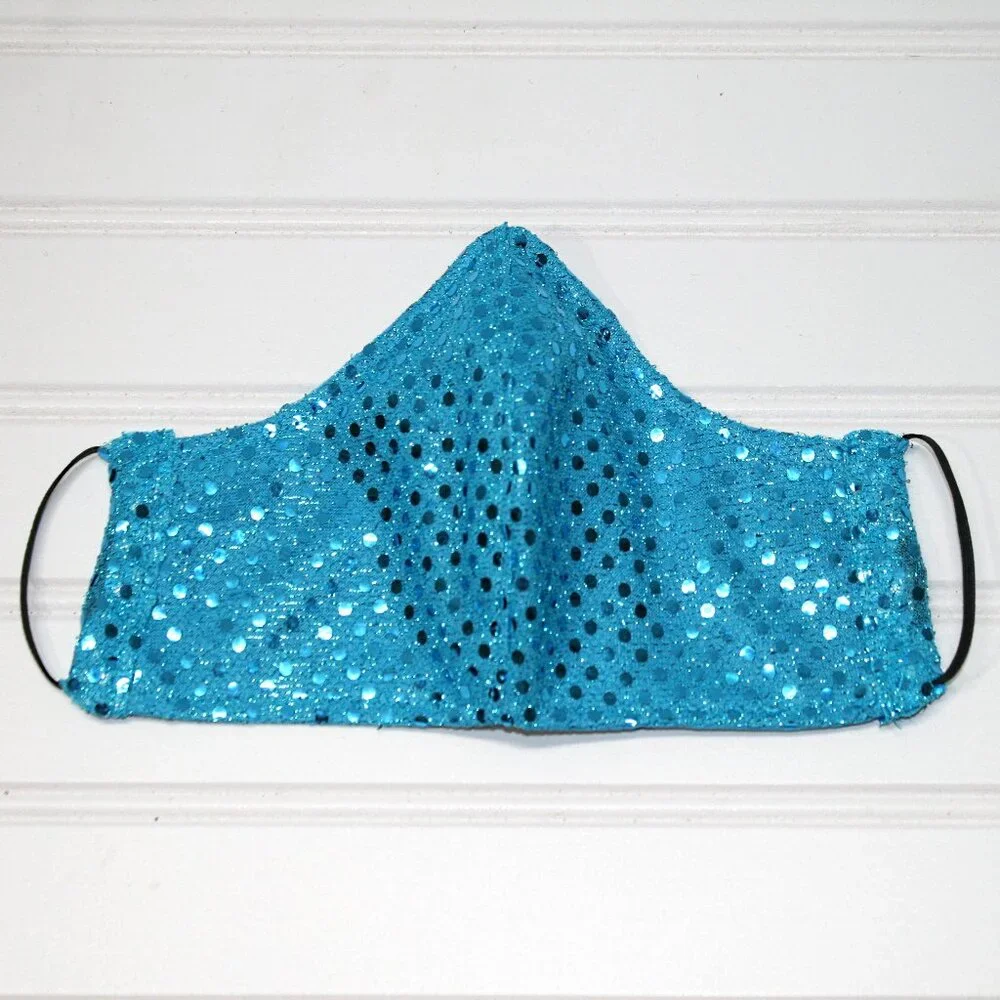 HAND CRAFTED Face Mask Turquoise Confetti Dot Sequin - Adult - Shield Style